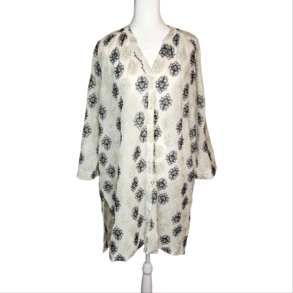 Masai Gura Embroidered Paisley 3/4 Button Front Semi Sheer Tunic Top Size Large